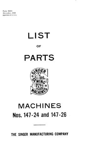 SINGER 147-24 147-26 SEWING MACHINE LIST OF PARTS 37 PAGES ENG