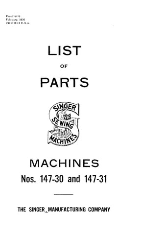 SINGER 147-30 147-31 SEWING MACHINE LIST OF PARTS 36 PAGES ENG