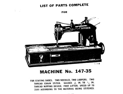 SINGER 147-35 SEWING MACHINE LIST OF PARTS COMPLETE 30 PAGES ENG