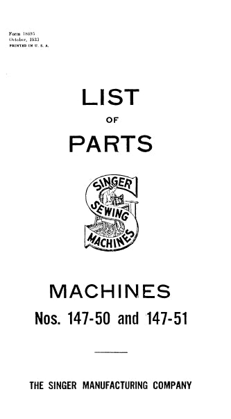 SINGER 147-50 147-51 SEWING MACHINE LIST OF PARTS 39 PAGES ENG