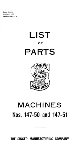 SINGER 147-50 147-51 SEWING MACHINE LIST OF PARTS 39 PAGES ENG