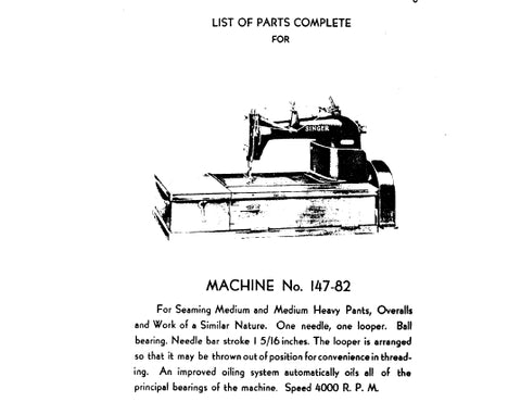 SINGER 147-82 147-86 SEWING MACHINE LIST OF PARTS COMPLETE 30 PAGES ENG
