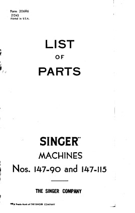 SINGER 147-90 147-115 SEWING MACHINE LIST OF PARTS 42 PAGES ENG