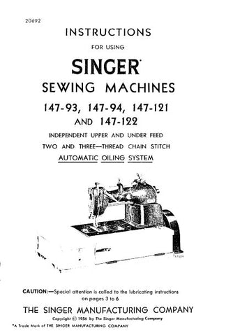 SINGER 147-93 147-94 147-121 147-122 SEWING MACHINES INSTRUCTIONS FOR USING 10 PAGES ENG
