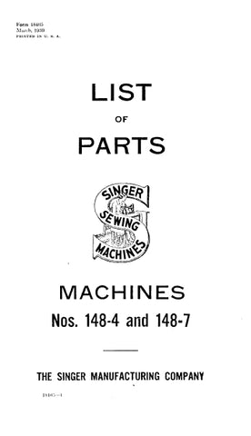 SINGER 148-4 148-7 SEWING MACHINE LIST OF PARTS 51 PAGES ENG