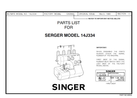 SINGER 14J334 SEWING MACHINE PARTS LIST 16 PAGES ENG