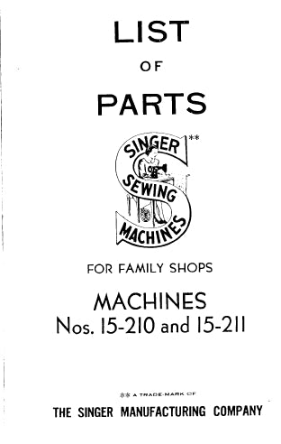 SINGER 15-210 15-211 SEWING MACHINE LIST OF PARTS 23 PAGES ENG