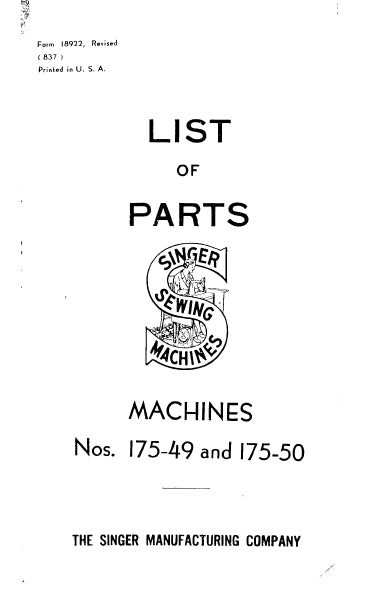 SINGER 175-49 175-50 SEWING MACHINE LIST OF PARTS 25 PAGES ENG