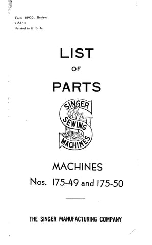 SINGER 175-49 175-50 SEWING MACHINE LIST OF PARTS 25 PAGES ENG