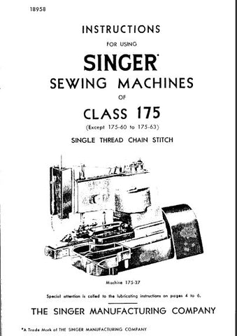 SINGER 175 CLASS SEWING MACHINES INSTRUCTIONS 8 PAGES ENG