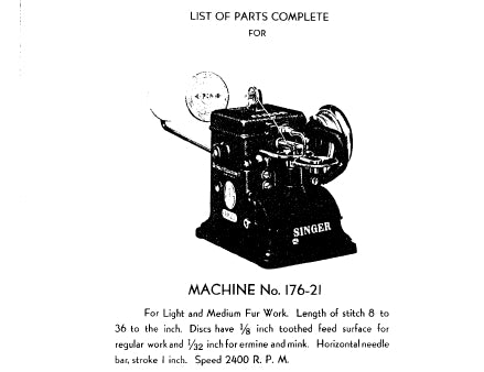 SINGER 176-21 176-22 SEWING MACHINE LIST OF PARTS COMPLETE 20 PAGES ENG