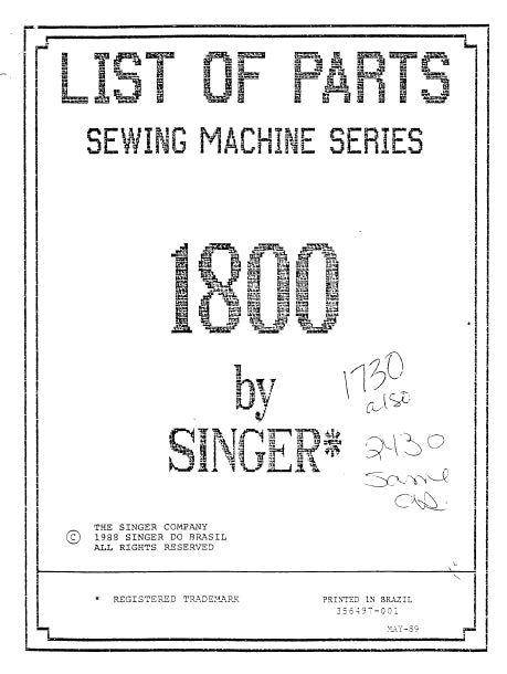 SINGER 1800 SERIES 1730 2430 SEWING MACHINE LIST OF PARTS 45 PAGES ENG