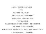 SINGER 180W202 SEWING MACHINE LIST OF PARTS COMPLETE 17 PAGES ENG