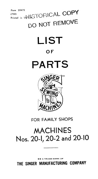 SINGER 20-1 20-2 20-10 SEWING MACHINE LIST OF PARTS 14 PAGES ENG