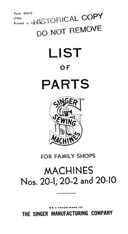 SINGER 20-1 20-2 20-10 SEWING MACHINE LIST OF PARTS 14 PAGES ENG