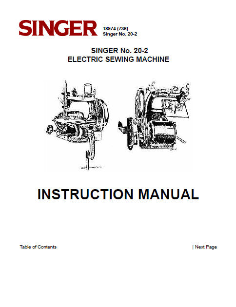 SINGER 20-2 18974 SEWING MACHINE INSTRUCTION MANUAL 9 PAGES ENG