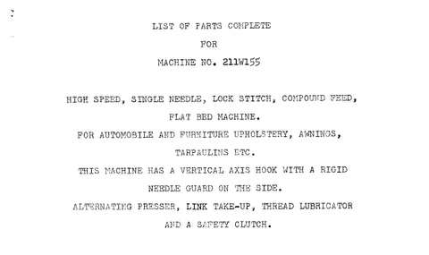 SINGER 211W155 SEWING MACHINE LIST OF PARTS COMPLETE 27 PAGES ENG