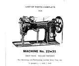 SINGER 22W31 SEWING MACHINE LIST OF PARTS COMPLETE 26 PAGES ENG