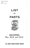 SINGER 231-4 231-5 SEWING MACHINE LIST OF PARTS 37 PAGES ENG