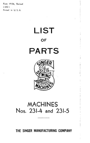 SINGER 231-4 231-5 SEWING MACHINE LIST OF PARTS 37 PAGES ENG