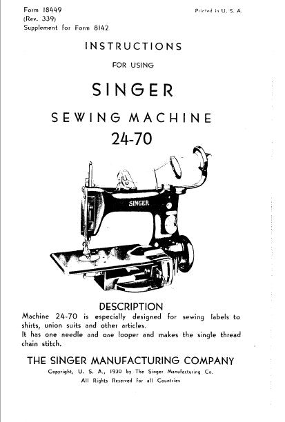 SINGER 24-70 SEWING MACHINE INSTRUCTIONS 4 PAGES ENG