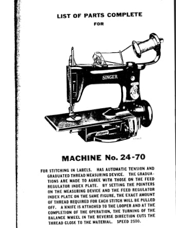 SINGER 24-70 24-71 SEWING MACHINE LIST OF PARTS COMPLETE 27 PAGES ENG