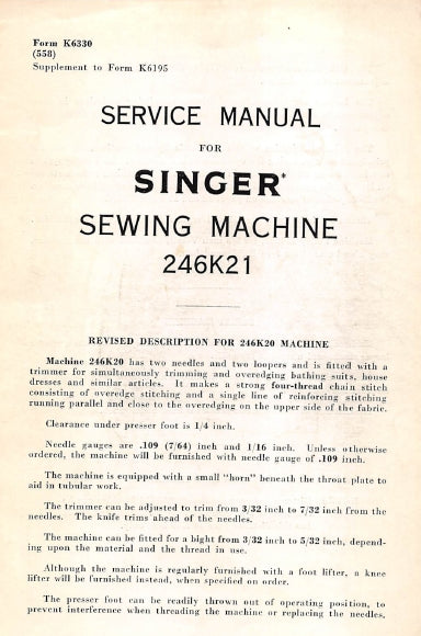 SINGER 246K21 SEWING MACHINE SERVICE MANUAL 6 PAGES ENG