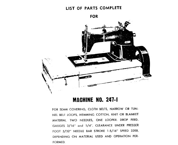 SINGER 247-1 SEWING MACHINE LIST OF PARTS COMPLETE 27 PAGES ENG