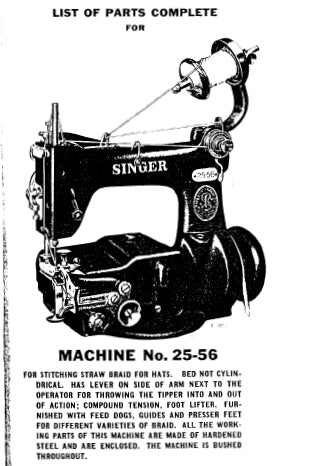 SINGER 25-56 SEWING MACHINE LIST OF PARTS COMPLETE 26 PAGES ENG