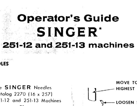 SINGER 251-12 251-13 SEWING MACHINES OPERATORS GUIDE 4 PAGES ENG