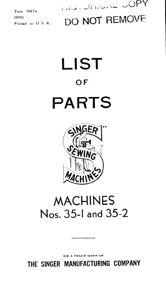 SINGER 35-1 35-2 SEWING MACHINE LIST OF PARTS 15 PAGES ENG