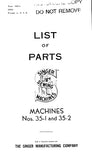 SINGER 35-1 35-2 SEWING MACHINE LIST OF PARTS 15 PAGES ENG