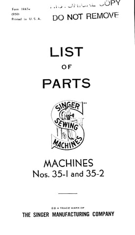 SINGER 35-1 35-2 SEWING MACHINE LIST OF PARTS 15 PAGES ENG