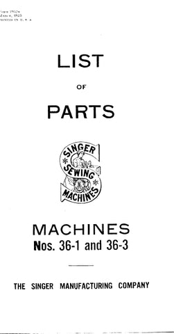 SINGER 36-1 36-3 SEWING MACHINE LIST OF PARTS 39 PAGES ENG