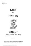 SINGER 36-4 SEWING MACHINE LIST OF PARTS 33 PAGES ENG