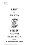 SINGER 37-2 37-10 SEWING MACHINE LIST OF PARTS 68 PAGES ENG