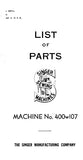 SINGER 400W107 SEWING MACHINE LIST OF PARTS 51 PAGES ENG