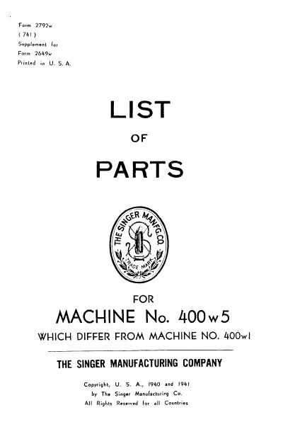 SINGER 400W5 SEWING MACHINE LIST OF PARTS 3 PAGES ENG