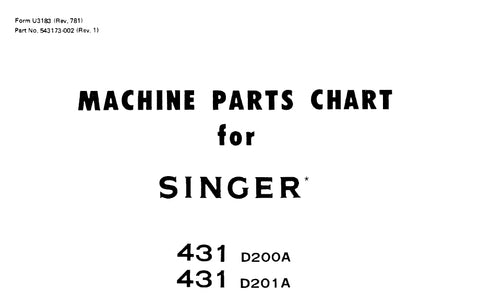 SINGER 431D200A 431D201A SEWING MACHINE MACHINE PARTS CHART 8 PAGES ENG