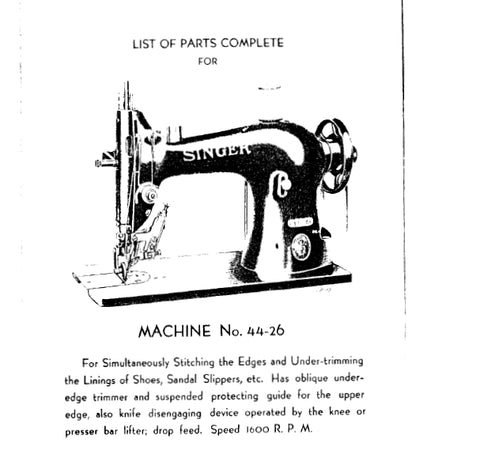 SINGER 44-26 44-27 SEWING MACHINE LIST OF PARTS COMPLETE 47 PAGES ENG ...