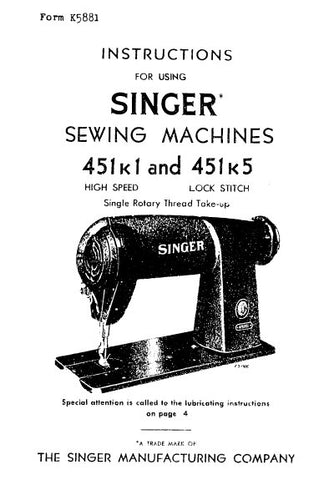 SINGER 451K1 451K5 SEWING MACHINES INSTRUCTIONS 9 PAGES ENG