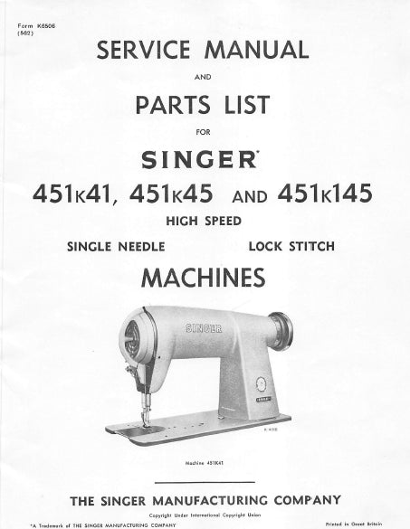 SINGER 451K41 451K45 451K145 SEWING MACHINE SERVICE MANUAL 23 PAGES ENG