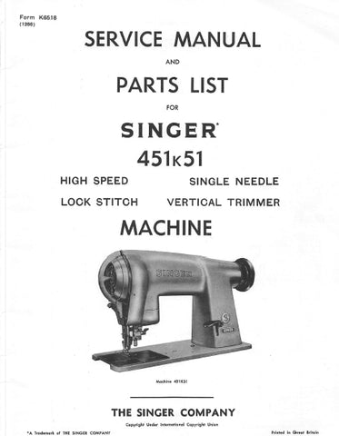 SINGER 451K51 SEWING MACHINE SERVICE MANUAL 30 PAGES ENG