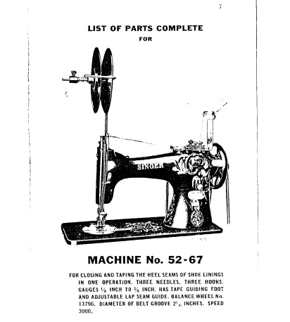 SINGER 52-67 SEWING MACHINE LIST OF PARTS COMPLETE 31 PAGES ENG