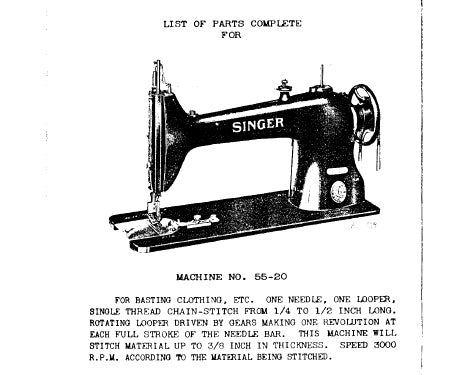 SINGER 55-20 SEWING MACHINE LIST OF PARTS COMPLETE 23 PAGES ENG