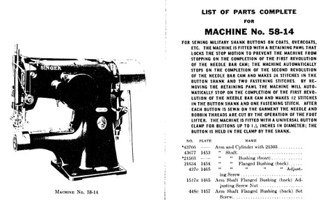 Singer 58 SINGER 58-14 SEWING MACHINE LIST OF PARTS COMPLETE 26 PAGES ENG – THE ...