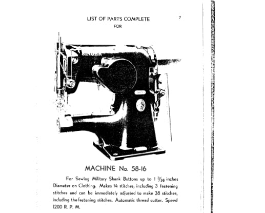 SINGER 58-16 SEWING MACHINE LIST OF PARTS COMPLETE 20 PAGES ENG