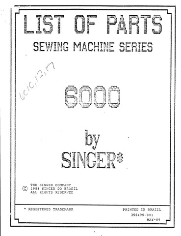 SINGER 6010 6011 6012 6017 SEWING MACHINE LIST OF PARTS 44 PAGES ENG
