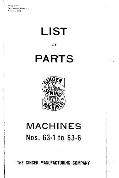 SINGER 63-1 TO 63-6 SEWING MACHINE LIST OF PARTS 36 PAGES ENG