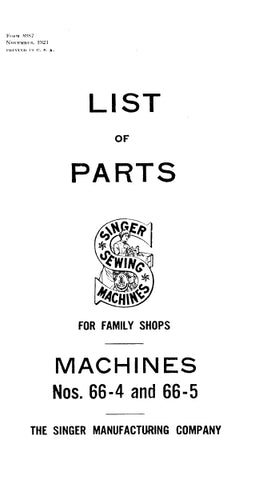 SINGER 66-4 66-5 SEWING MACHINE LIST OF PARTS 46 PAGES ENG